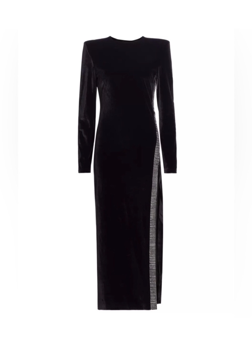 NONchalant Black Velvet Long-Sleeve Gown with Crystal-Trim Slit